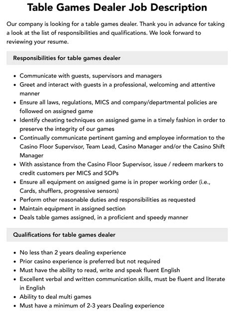 duties and responsibilities of casino dealer|Professional Gaming Dealer Job Description Template.